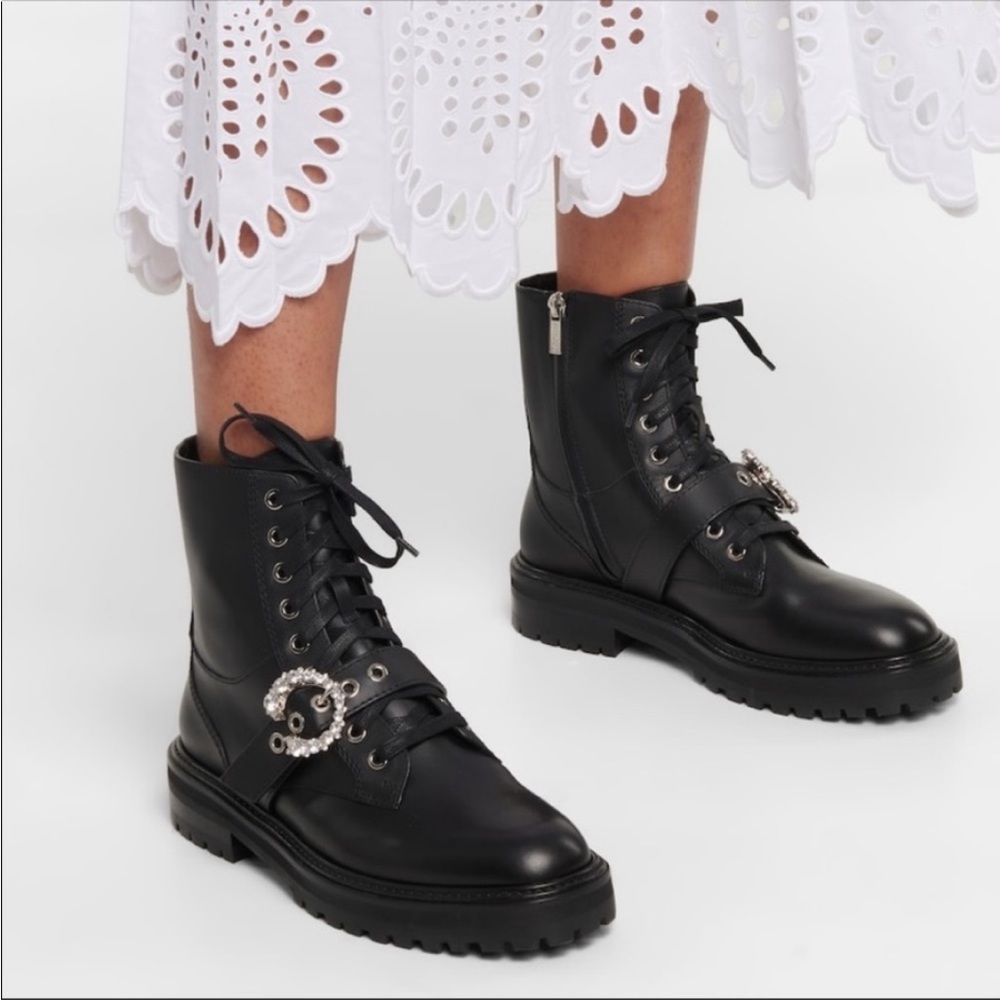 New Jimmy Choo Cora Black Soft Calf Leather Combat Boots with Crystal Buckle